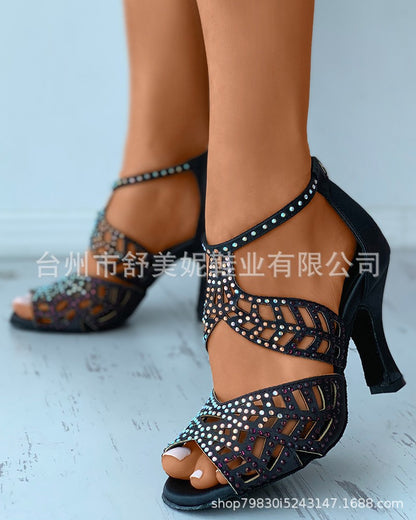 2021 Summer New Women&#039;s Shoes Foreign Trade Large Size Thin Heel Rhinestone Hollow Fish Mouth Sexy Back Zipper Women&#039;s Sandals