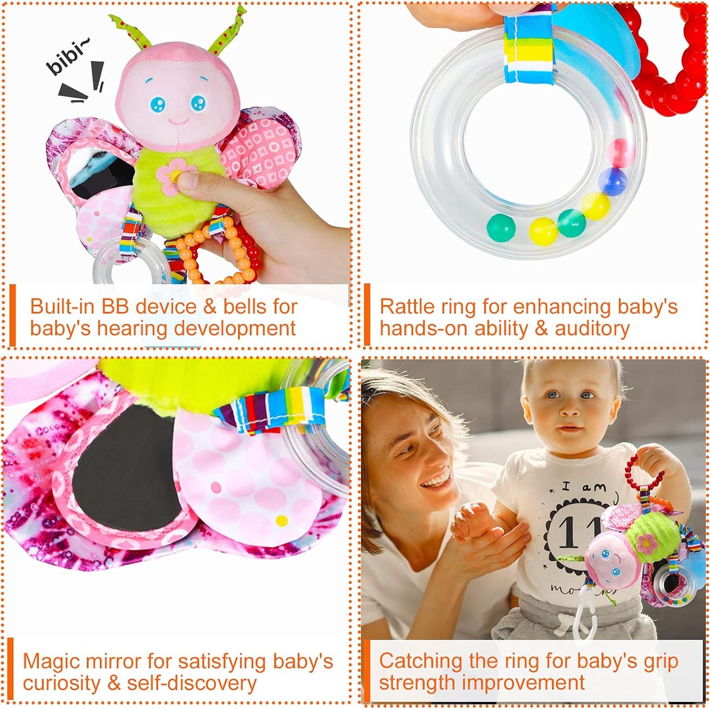 Baby Stroller Toy and Car Seat Toy for Infant with Teether Hanging Rattle Toys Clip on Stroller Toy Soft Plush Baby Toys for Boys and Girls 3-12 Months