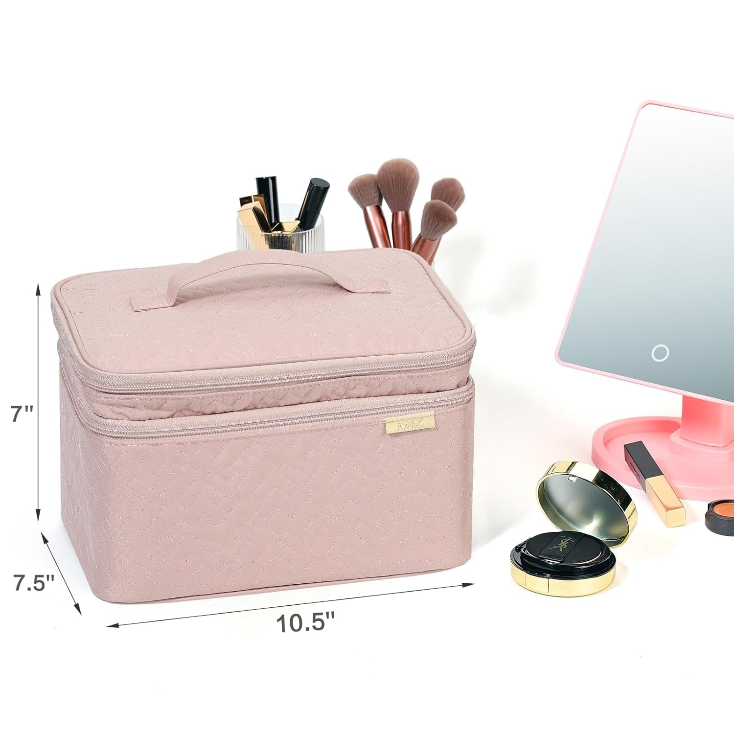 Large Double Layer Travel Makeup Bag Women, Cosmetic Case, Organizer for Travel-Size Accessories Bottles, Brushes, Conditioner, and Skin Care Products, Pink