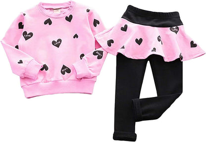 Little Girls Outfits Clothes Toddler Long Sleeve Heart Print Hoodie Shirts Top + Leggings Kids Clothing Set